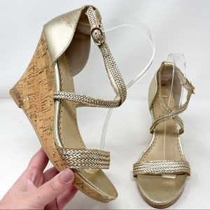 Lilly Pulitzer Maddie Gold Metallic Braided Cork Wedges Genuine Leather Strappy